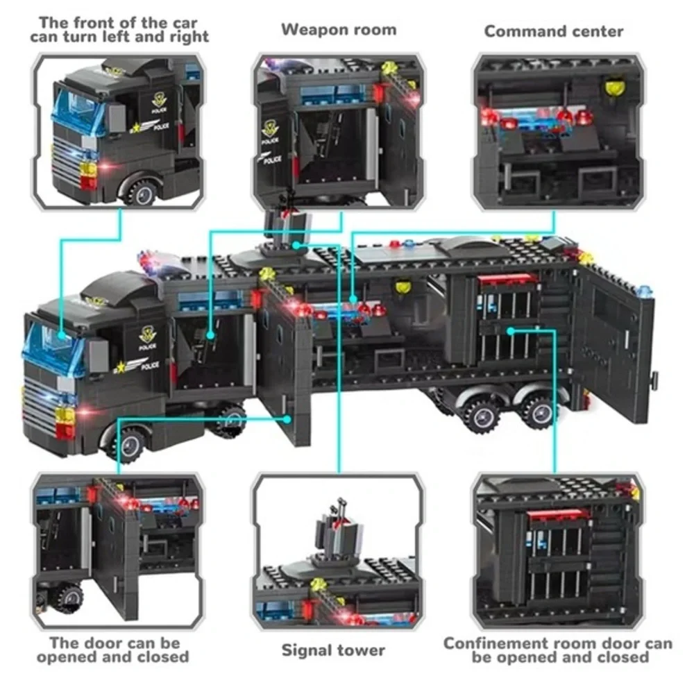 City Police Station Building Kit, SWAT Mobile Command Center Truck Building Toy